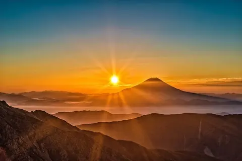 mount fuji, japan, volcano, mountain, mountains, nature, mystery, sunrise, sunlight, landscape, natural
